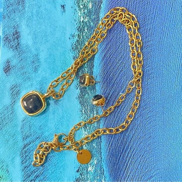 EDFORCE IP GOLD PLATED CHAIN BLACK PENDANT NECKLACE EARRINGS SET STAINLESS STEEL - Picture 2 of 11